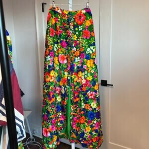 Vintage 28"W Barkcloth Floral Maxi Skirt Psychedelic Garden Print